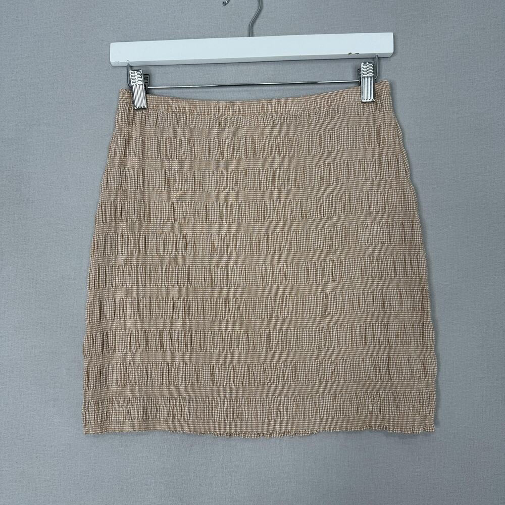 Find Me Now Bette Mini Skirt Womens Small Beige Smocked Gingham Countrycore Boho